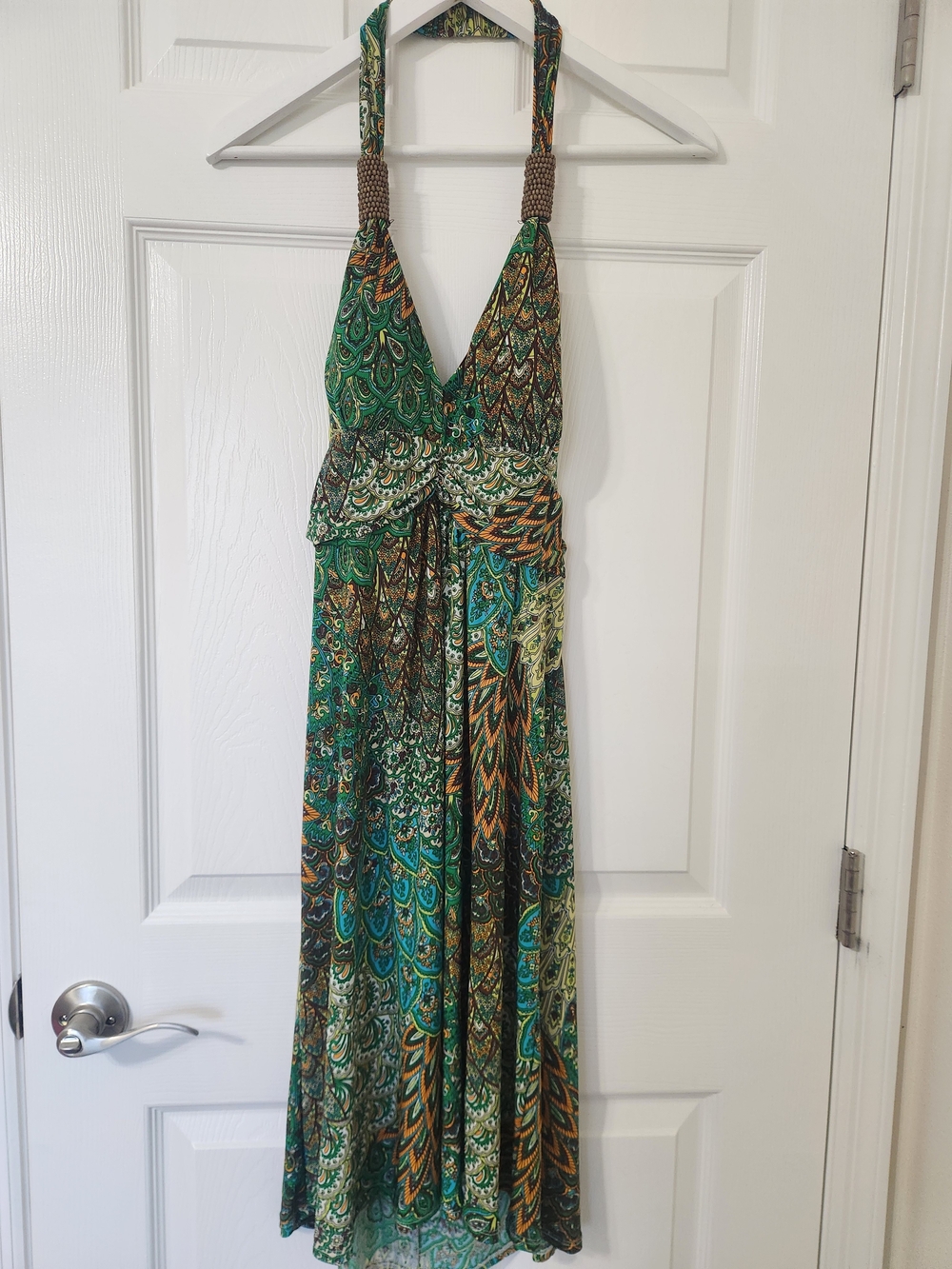 CristinaLove Boho Peacock Colors PaisleyPrint Halter Maxi Dress Wood Bead Detail